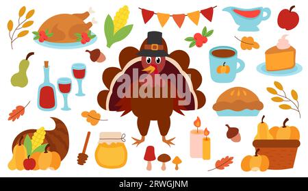 Éléments du jour de Thanksgiving définis. Turquie en chapeau de pèlerin. Tarte, cornucopia, maïs, vin, bougies, garland, chérie. Citrouilles à paniers. Joyeux Thanksgiving. Illustration de Vecteur