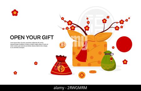 Fond de cadeaux coréens. Carte de vacances traditionnelle avec des éléments décoratifs orientaux, lotus de fleur de grenade asiatique sur vase et plats. Vecteur Illustration de Vecteur