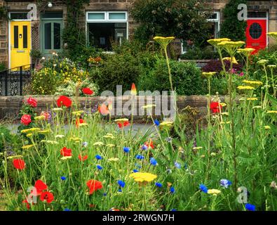 Jardins communautaires colorés en rouge, jaunes et bleus coordonnés avec les portes des maisons derrière à Otley, West Yorkshire, Angleterre, Royaume-Uni Banque D'Images