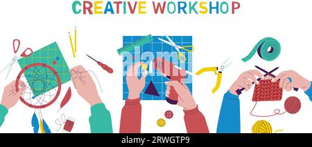 Atelier créatif. Atelier de dessin et de peinture pour enfants de dessins animés, enfants fabriquant des textiles faits à la main et de l'artisanat en papier. Ensemble isolé de vecteur Illustration de Vecteur