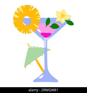 Cocktail tropical de dessin animé. Les couches roses boivent sur fond blanc. Liqueur tirée à la main avec ananas, feuilles, fleur. Boisson, soda, jus de fruits en g de tiges Illustration de Vecteur