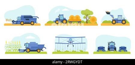 Machine agricole plate, récolteuse et plan d'arrosage Illustration de Vecteur