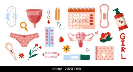 Articles hygiéniques pour la période menstruelle. Produits de cycle d'hygiène féminine style plat de dessin animé, concept de soins d'époque avec des serviettes et des tampons. Jeu de vecteurs Illustration de Vecteur