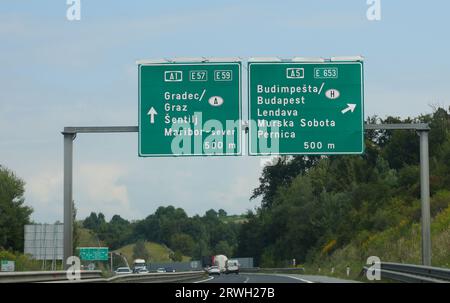 Panneau routier dans l'autoroute avec des noms de lieu en Hongrie et en Autriche près de la frontière Banque D'Images