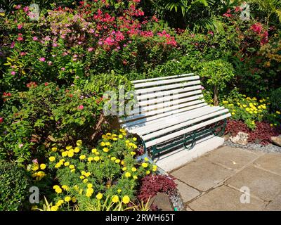 Un banc en bois blanc se trouve sur un chemin de pierre dans un jardin, entouré de fleurs roses, rouges et jaunes vibrantes. Banque D'Images