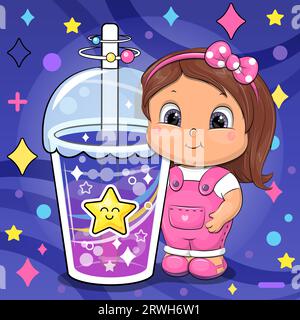 Jolie fille de dessin animé et grande boisson star. Illustration vectorielle avec une tasse d'eau colorée sur un fond bleu foncé avec des étoiles et des points. Illustration de Vecteur