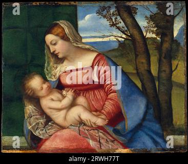 Madonna and Child, peinture à l'huile sur bois de l'artiste italien Titien (Tiziano Vecellio), ca. 1508 Banque D'Images