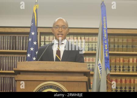 New York, États-Unis. 19 septembre 2023. Damian Williams, procureur américain de SDNY, a annoncé des accusations pour mort de fentanyl dans la garderie du Bronx. Crédit : Matthew Russell Lee/Alamy Live News Banque D'Images