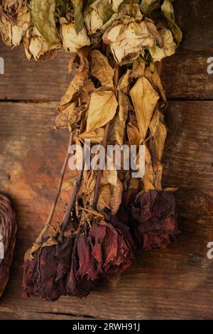 Un bouquet sec de roses est accroché sur un vieux mur de bois, une rose sèche Banque D'Images