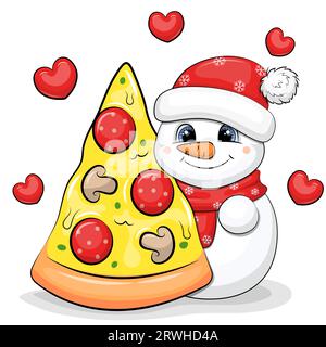 Bonhomme de neige de dessin animé mignon avec un gros morceau de pizza. Illustration vectorielle d'un animal sur un fond blanc avec des coeurs rouges. Illustration de Vecteur