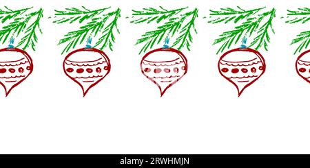 La frontière sans faille du nouvel an. Branches d'arbre de Noël avec décorations. Dessins avec des crayons de cire. Conception vectorielle pour le papier et d'autres utilisations Illustration de Vecteur