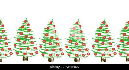 La frontière sans faille du nouvel an. Sapin de Noël. Dessins avec des crayons de cire. Conception de vecteur pour le papier, la couverture, le tissu, le décor et toute autre utilisation Illustration de Vecteur