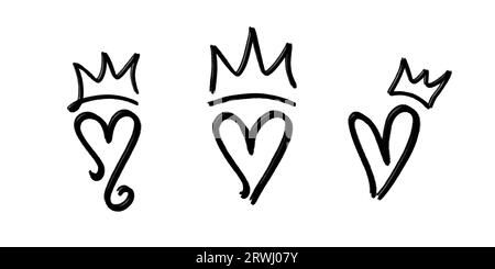 ensemble de coeurs dessinés à la main et couronnes. doodles vector. Illustration de Vecteur