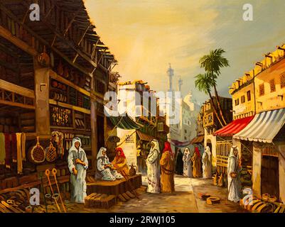 Peinture à l'huile vintage représentant un ancien marché du Moyen-Orient, peut-être situé au Caire, en Égypte, avec des stands et une gamme de marchandises. Banque D'Images