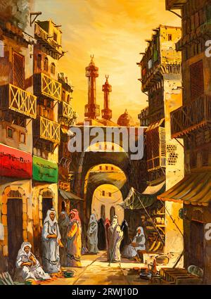 Peinture à l'huile vintage représentant un ancien marché du Moyen-Orient, peut-être situé au Caire, en Égypte, avec des stands et une gamme de marchandises. Banque D'Images