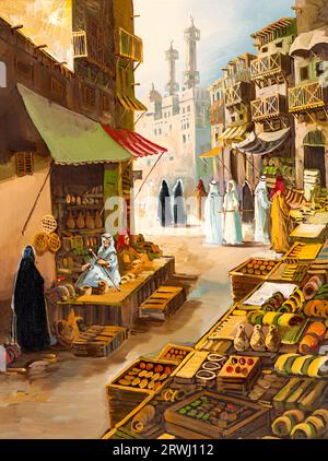 Peinture à l'huile vintage représentant un ancien marché du Moyen-Orient, peut-être situé au Caire, en Égypte, avec des stands et une gamme de marchandises. Banque D'Images