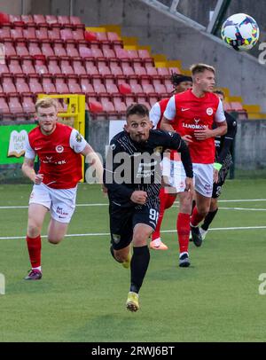 Solitude, Belfast, Irlande du Nord, Royaume-Uni. 03 août 2023. UEFA Europa Conference League deuxième tour de qualification (2e manche) – Larne contre Ballkani. Almir Kryeziu (98), footballeur du FC Ballkani. Banque D'Images