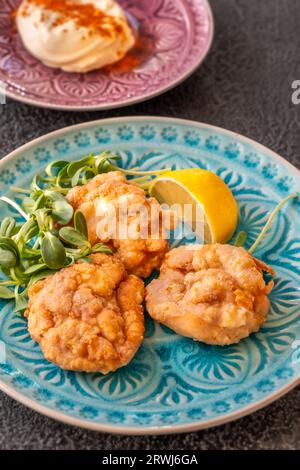 Portion de poulet frit japonais Karaage avec mayonnaise Banque D'Images