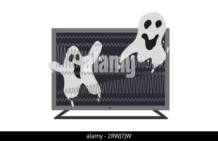 Arrière-plan des ondes TV, aucun signal. Concept fantôme. Plusieurs fantômes volent hors de la télé à travers le bruit des ondes. Arrière-plan des ondes TV, aucun signal. Scène sur le thème de l'horreur. Illustration vectorielle. Illustration de Vecteur