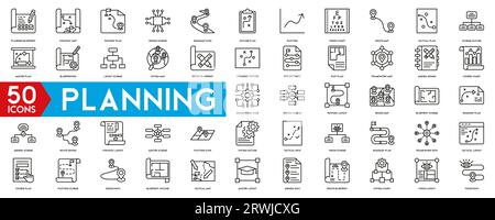 Icônes de planification définies. Plan de planification, carte de stratégie, plan de parcours, organisation. Collection d'icônes linéaires.. Illustration vectorielle Illustration de Vecteur