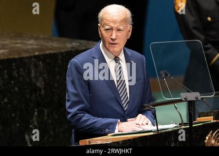 New York, États-Unis. 19 septembre 2023. Le président AMÉRICAIN Joseph Biden Jr. Prend la parole lors du débat général de la 78e session de l'Assemblée générale des Nations Unies au Siège de l'Organisation des Nations Unies à New York le 19 septembre 2023. (Photo de Lev Radin/Sipa USA) crédit : SIPA USA/Alamy Live News Banque D'Images