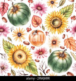 Motif d'automne aquarelle. Motifs dessinés à la main de plantes d'automne. Modèle de citrouille pour les articles de vacances et de festival. Modèle sans couture avec des citrouilles pour te Banque D'Images