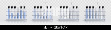 Ensemble réaliste de portoirs de tubes à essai isolés sur fond transparent. Illustration vectorielle de l'équipement de laboratoire chimique avec la substance liquide et dr Illustration de Vecteur