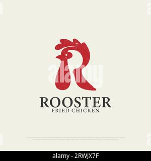 Lettre R Rooster Fried Chicken logo design avec style grunge, lettre R, illustration vectorielle d'icône silhouette Rooster Illustration de Vecteur