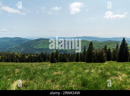 Vue de Hala Rycerzowa au printemps Beskid Zywiecki montagnes en Pologne près des frontières avec la Slovaquie Banque D'Images