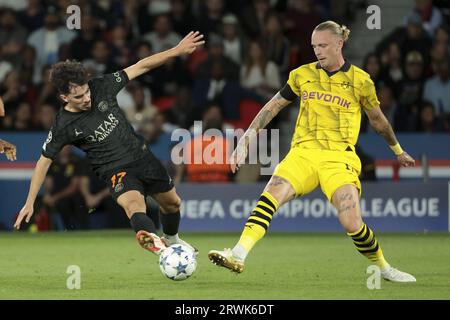 Vitinha du PSG, Marius Wolf de Dortmund lors du match de football UEFA Champions League, Groupe F entre le Paris Saint-Germain (PSG) et le Borussia Dortmund le 19 septembre 2023 au Parc des Princes à Paris Banque D'Images