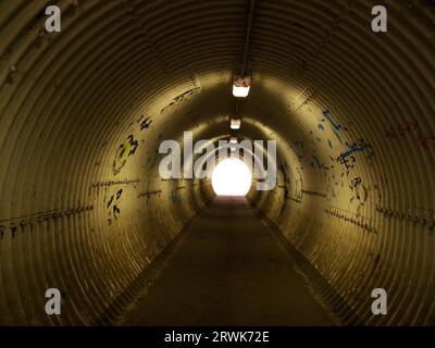 Lumière au bout du tunnel, vue à travers un tunnel illuminé en fer ondulé avec des graffitis sur les murs Banque D'Images