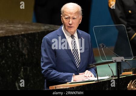 New York, États-Unis. 19 septembre 2023. Le président AMÉRICAIN Joseph Biden Jr. Prend la parole lors du débat général de la 78e session de l'Assemblée générale des Nations Unies au Siège à New York (photo de Lev Radin/Pacific Press) Credit : Pacific Press Media production Corp./Alamy Live News Banque D'Images