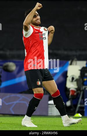 ROTTERDAM, PAYS-BAS - SEPTEMBRE 19 : Alireza Jahanbakhsh (Feyenoord Rotterdam) marque le 2-0 lors de l'UEFA Champions League 2023/2024 - Groupe E. Banque D'Images