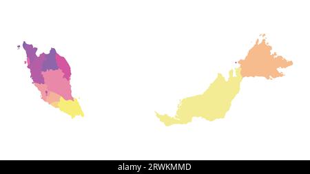 Illustration isolée vectorielle de la carte administrative simplifiée de la Malaisie. Frontières des régions. Silhouettes multicolores. Illustration de Vecteur