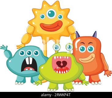 Un groupe d'adorables monstres extraterrestres de différentes couleurs Illustration de Vecteur