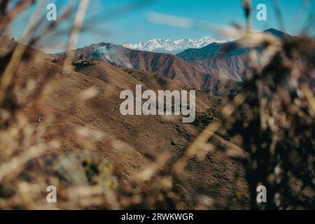 Capture artistique de glaciers lointains et enneigés de l'Himalaya encadrés par des vallées profondes et des crêtes montagneuses accidentées, dans l'Uttarakhand, en Inde. Banque D'Images