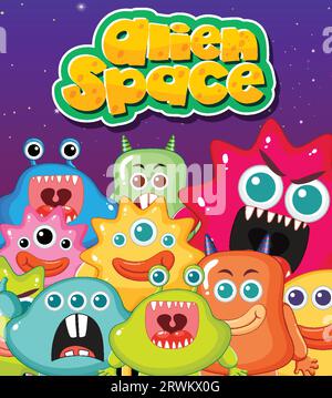 Un groupe d'adorables monstres extraterrestres de différentes couleurs Illustration de Vecteur