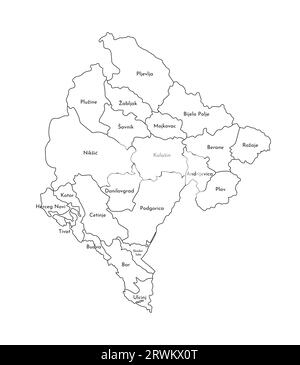 Illustration isolée vectorielle de la carte administrative simplifiée du Monténégro. Frontières et noms des régions. Silhouettes de lignes noires. Illustration de Vecteur