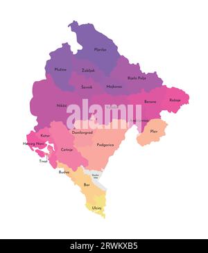 Illustration isolée vectorielle de la carte administrative simplifiée du Monténégro. Frontières et noms des régions. Silhouettes multicolores. Illustration de Vecteur