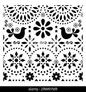 Motif vectoriel d'art folklorique mexicain avec des oiseaux et des fleurs, conception de carte de voeux fiesta noir et blanc inspiré par la forme d'art traditionnelle du Mexique Illustration de Vecteur