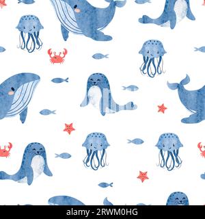 Motif enfantin de la mer avec des animaux marins mignons - baleine, phoque, méduse et crabe. Illustration vectorielle de la vie sous-marine à l'aquarelle. Illustration de Vecteur