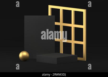 Piédestal géométrique de podium de mode 3d pour la présentation commerciale de produit de luxe illustration vectorielle réaliste. Vitrine haut de gamme avec mur à grille dorée Illustration de Vecteur