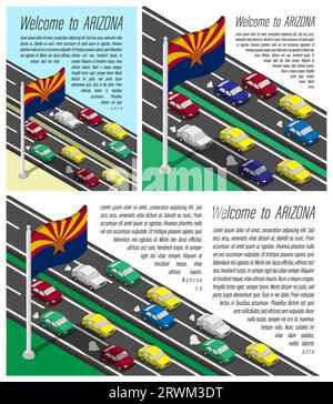 Drapeau isométrique de l'état américain de l'Arizona sur mât battant dans le vent. Traversée de la frontière de l'Arizona en voiture voyages. Ensemble d'informations horizontal, carré Illustration de Vecteur