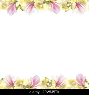 Bannière florale sans couture, cadre avec fleurs de magnolias rose aquarelle, bourgeons, feuilles peintes à la main sur illustration de fond blanc. Conception isolée pour Banque D'Images