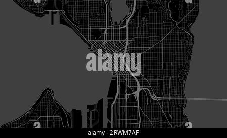Carte de fond de Seattle, États-Unis, affiche noire de la ville. Carte vectorielle avec routes et eau. Format écran large, feuille de route de conception numérique plate. Illustration de Vecteur
