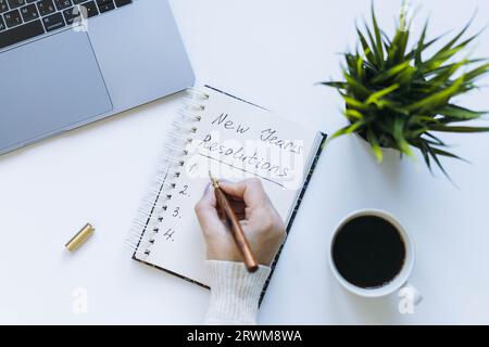ouvrez le bloc-notes et la main de femme écrivant des résolutions de nouvel an. Fleur, ordinateur portable et tasse à café sur fond. Banque D'Images