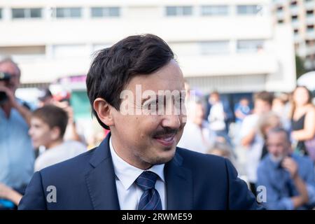 15 septembre 2023, Marseille, Bouches du Rhône, France : Pablo Longoria, président du club de football Olympique de Marseille (OM) vu lors de la cérémonie inaugurale du stade de la ville à Marseille. Après avoir reçu des menaces suite à une réunion avec des représentants des associations de supporters le lundi 18 septembre 2023, le président de l'OM Pablo Longoria et son équipe ont décidé de se retirer temporairement de leurs fonctions à l'Olympique de Marseille. (Image de crédit : © Laurent Coust/SOPA Images via ZUMA Press Wire) USAGE ÉDITORIAL SEULEMENT! Non destiné à UN USAGE commercial ! Banque D'Images