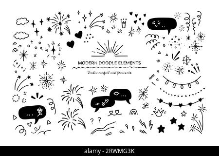 Ensemble d'éléments de doodle de ligne mignon pour anniversaire, anniversaire, Noël, fête enfants et invitation d'enfants, affiche, décoration. Foudre, explosion, s. Illustration de Vecteur