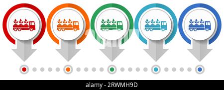 Jeu d'icônes de vecteur de livraison de camions, de plantes et d'arbres, modèle d'infographie de conception plate, définir des icônes de concept de pointeur dans 5 options de couleur pour le webdesign et la mob Illustration de Vecteur