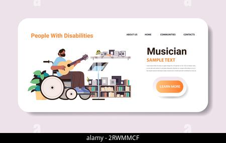 homme handicapé musicien en fauteuil roulant jouant de la guitare personnes handicapées concept horizontal Illustration de Vecteur